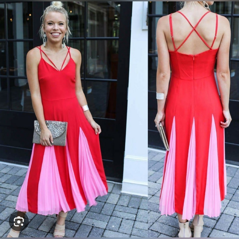 Adelyn Rae Red and Pink Pleated Maxi Dress
